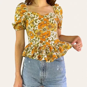 Floral Puff Sleeve Crop Top